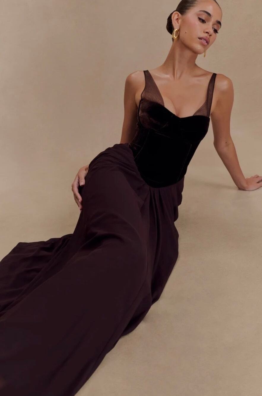 Meshki Roxanne Velvet Corset Maxi Dress - Cacao Brown